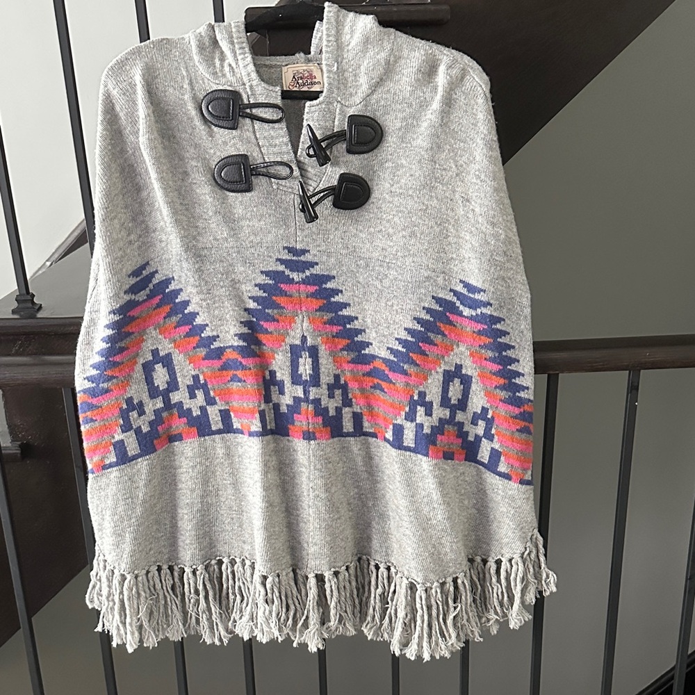 Arabella & Addison Light Gray Knit poncho with amazing fringe and a pom-pom hood